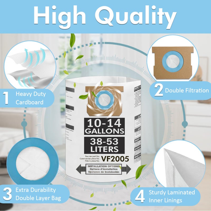 Yonice 15 Pack 10-14 Gallon Vacuum Bags Compatible with Shop Vac Bags 10-14 Gallon,Type I #90672 9067200, Type F #90662 9066200 9066233, VF2005,Disposable Collection Filter Bags - Image 3
